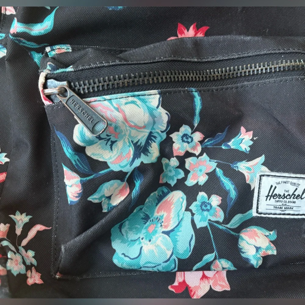 Herschel Backpack Black w/ Multicolor Floral Pattern Striped Lining Front Pocket